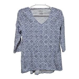 Chico’s The Ultimate Tee Blue Tile Print V-Neck 3/4 Sleeve Top 0